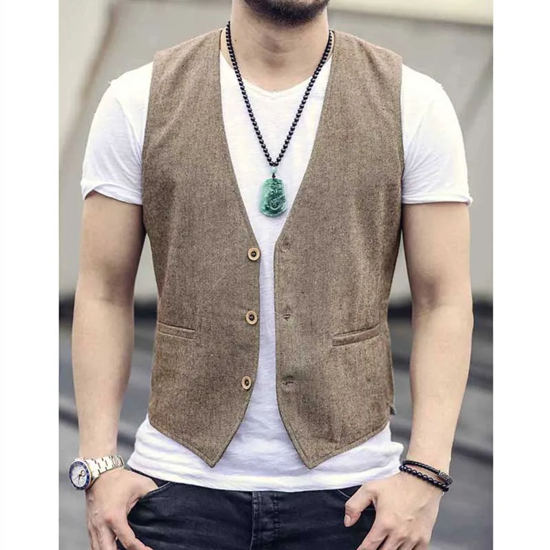 

High Fashion Formal Slimming Vest Linen V-Neck Casual Blue Waistcoat Wedding Office Sleeveless Jacket Suit Vest Male Clothes