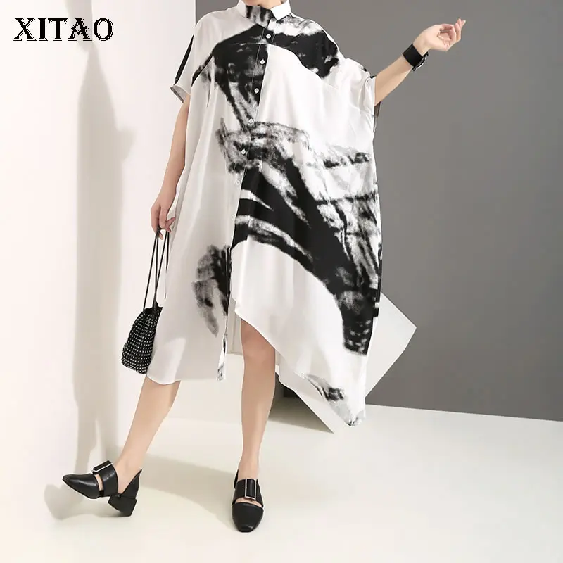 XITAO Vintage Irregular Midi Dress Women 2019 Summer Turn Down Collar Ink Print New Large Size Loose Bat Sleeve WBB3951 | Женская одежда