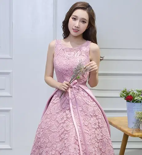 Vestido de Festa, кружевное короткое розовое кружевное платье подружки невесты с открытой спиной, до середины икры, свадебные вечерние платья - Цвет: Розовый