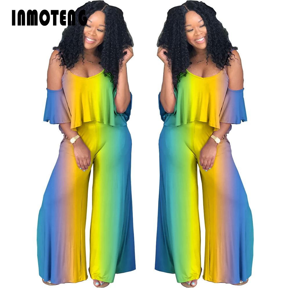 

INMOTENG Cold Shoulder Spaghetti Strap Ruffles Tops Wide Leg Pants Women Plus Size XXL Color Block Loose 2 Pieces Summer Wear