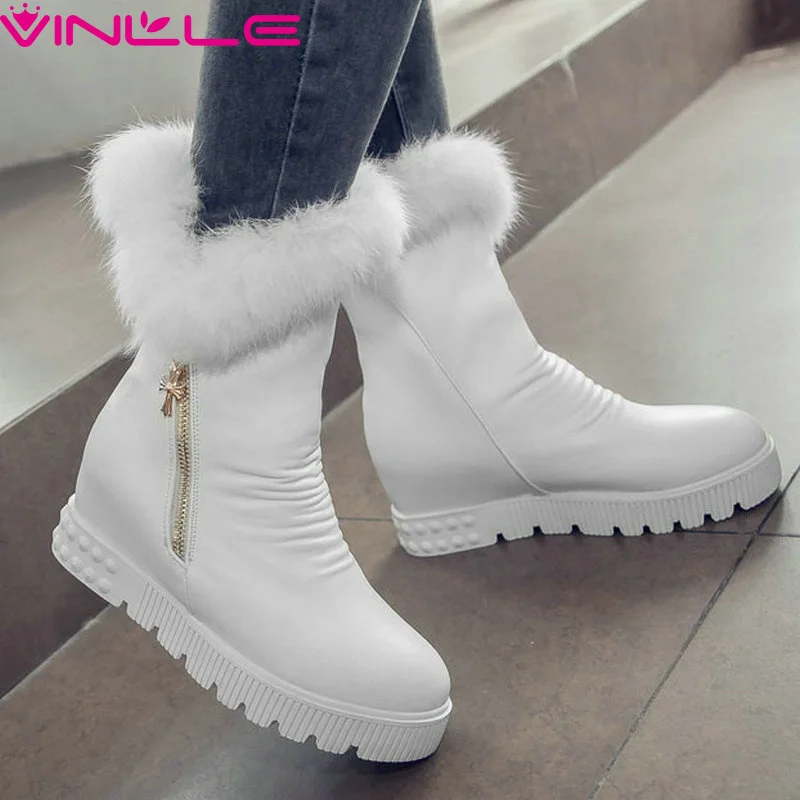 

VINLLR 2016 Ladies Zipper Wedge High Heel Ankle Boots Autumn and Winter Ladies Boots Solid  Fur Women Motorcycle Boot Size 34-43