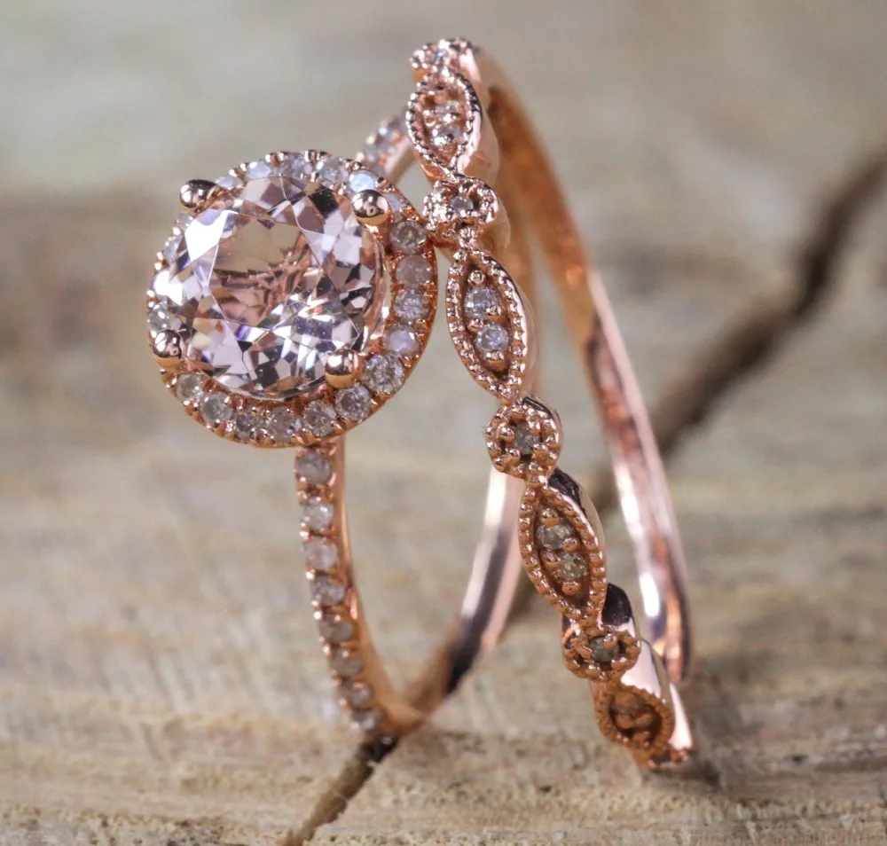2pcs Rose Gold Color With Pink Cz Rings For Women Wedding Jewelry