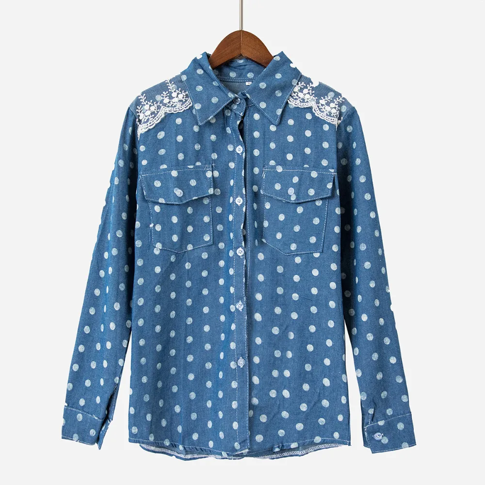 Cena Hotsale Kobiety Denim Bluzki blusas femininas Retro Polka Dot Koronki Ramię Z Długim Rękawem Topy camisa jeans Shirt blusa renda 01114