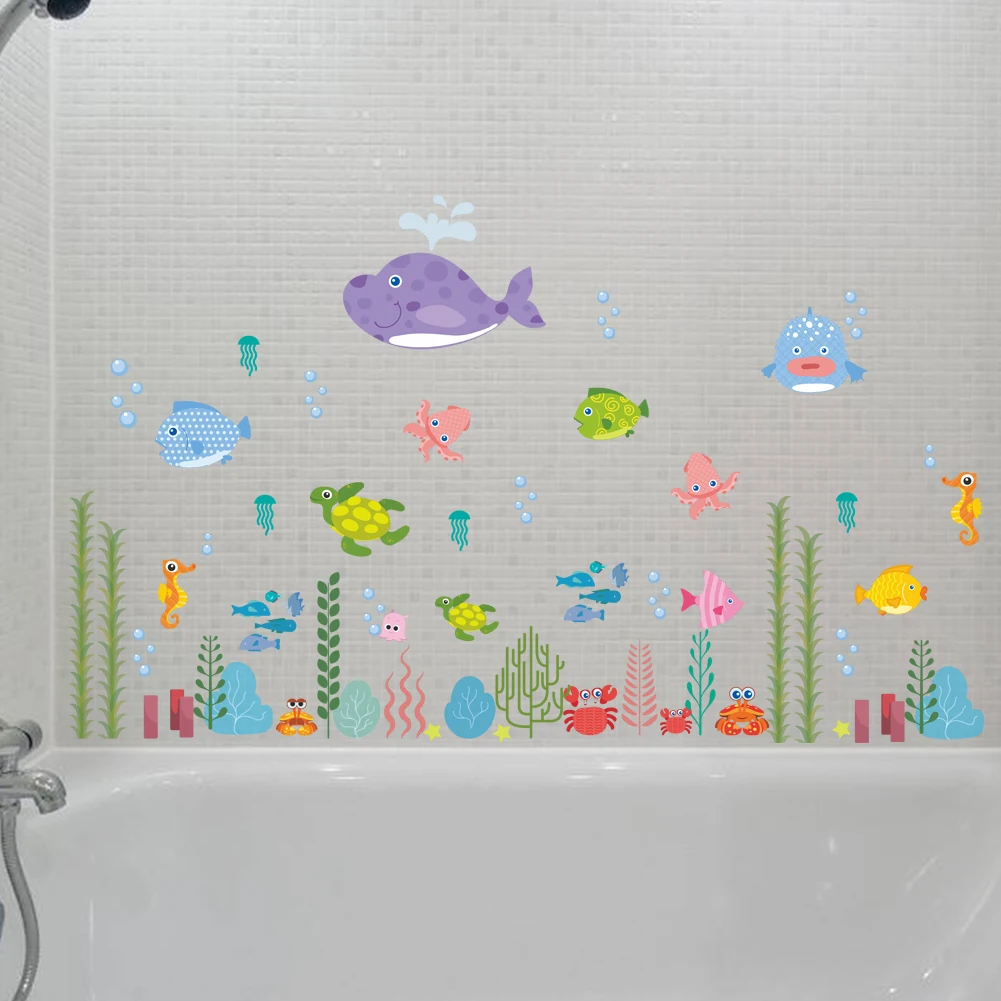 С подводным миром и морскими рыбами пузыри черепаха Wall Art декоративные Ванная комната Детская плакат для украшения спальни коробка наклейки на стену Наклейка