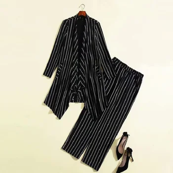 

3 Pieces Set Clothing 2019 Spring Fashion Cardigan Suit Women Striped Coat Cardigan+Vest Tops Coat+Ankle Length Pant Set Female