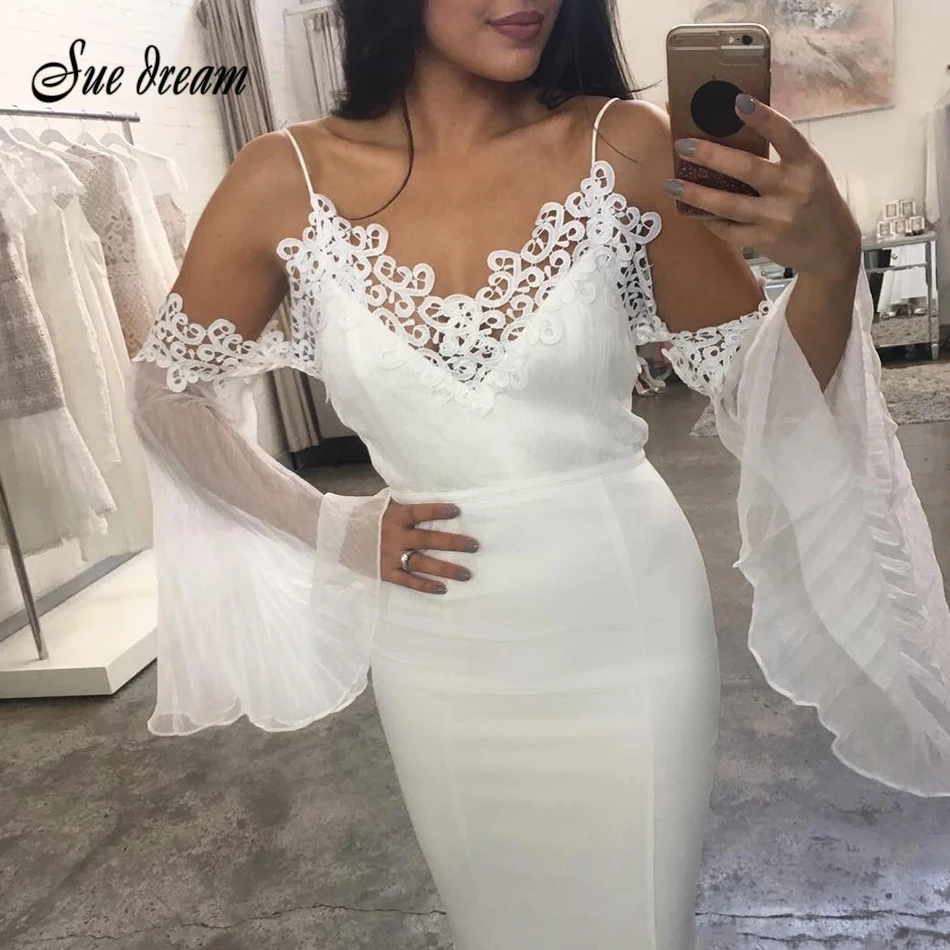 

High quality women's V-neck lace celebrity bandage dress long-sleeved shoulder ruffle 2018 summer white knee-length dress
