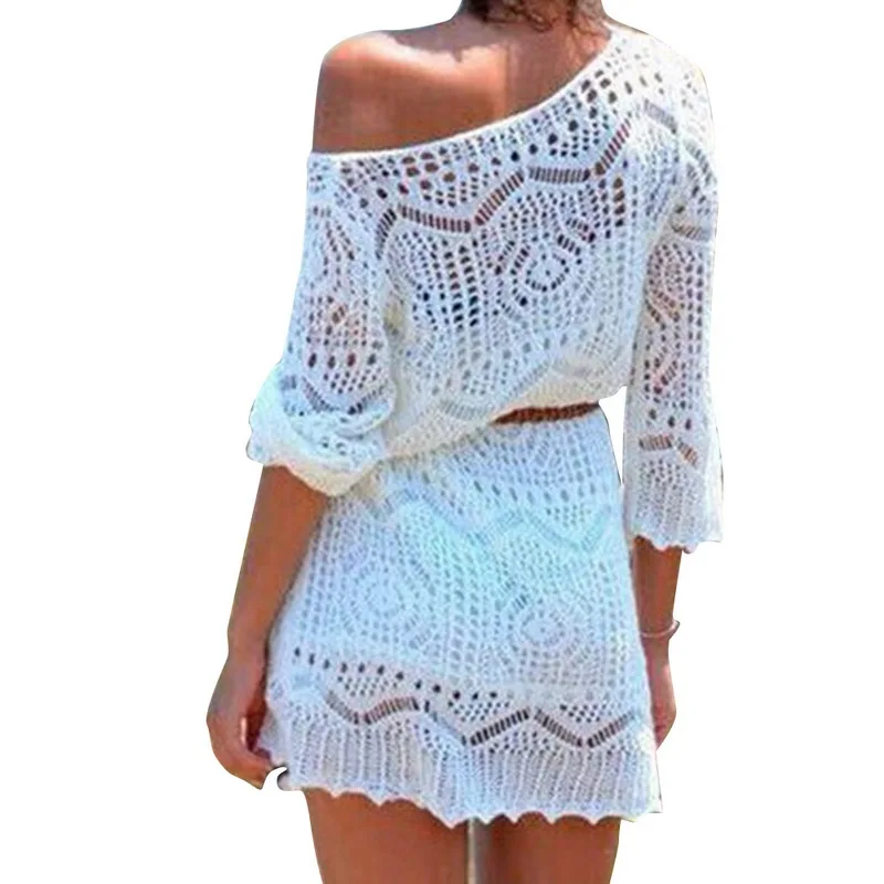 

Vertvie New Sexy Hook Flower Blouse Beach Cover-up Hollow Out Knit Dress Summer Swimming BIkini Overwear Solid 2019 Fashion Set