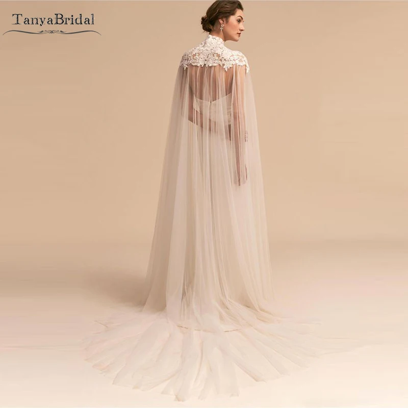 

Long Wedding Cape Lace Appliques Unique Tulle Bridal Shawl Wrap High Neck Elegant Bplero DJ114