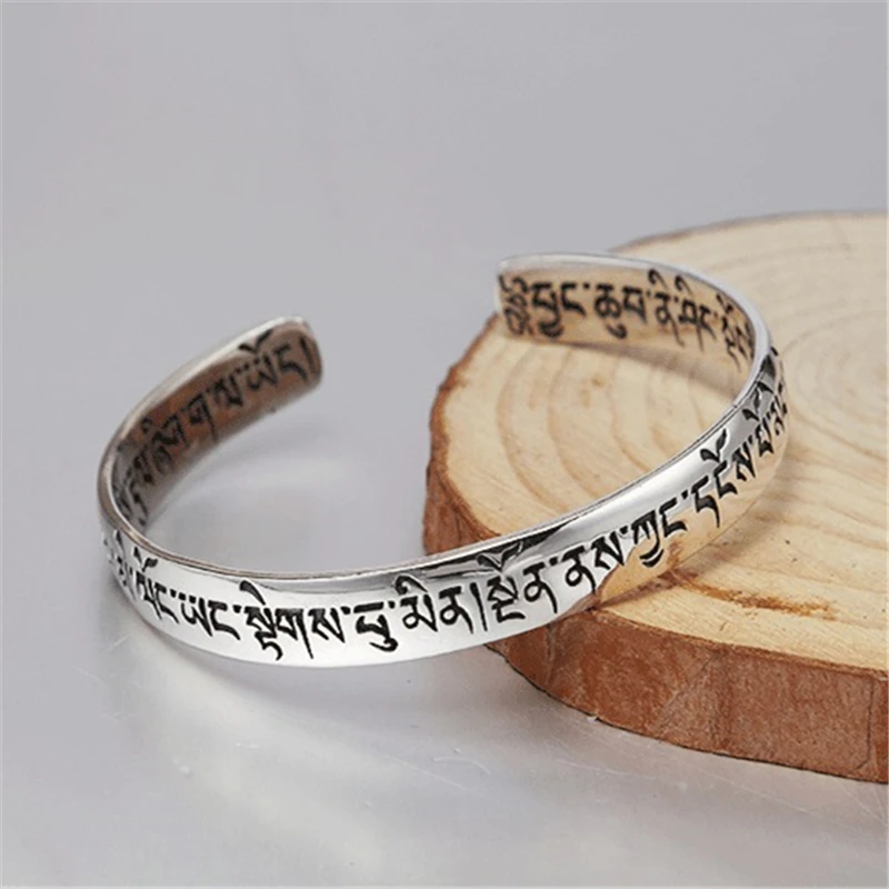 

Oxide Sterling Silver 925 Tibetan Words Mens Cuff Bracelet & Bangle Pure Silver 925 Fashion Men Jewelry Thai Silver Bracelet Men