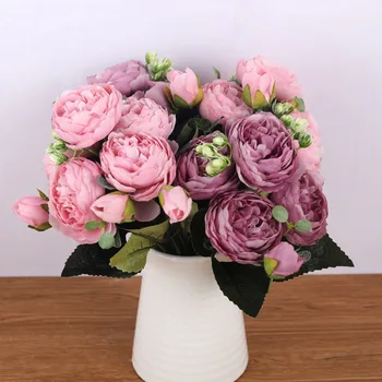 Ramo de peonías artificiales para decoración del hogar, 30cm, 5 cabezas grandes y 4 pequeñas, boda, novia
