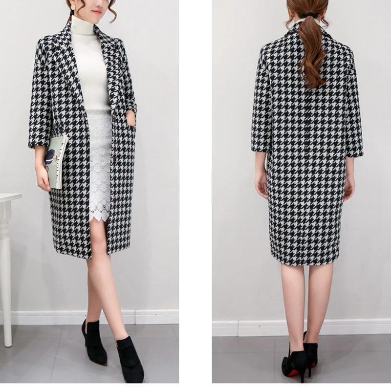 2019 осень-зима шерстяное пальто Для женщин Свободные модное шерстяное пальто корейский стиль Хаундстут длинный участок шерстяное пальто с