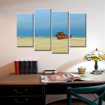 

Drop Shipping 4 Panals Beach Boat Holiday Wall Art Prints Painting Decoracion Canvas Wall Pictures for Living Room Frameless