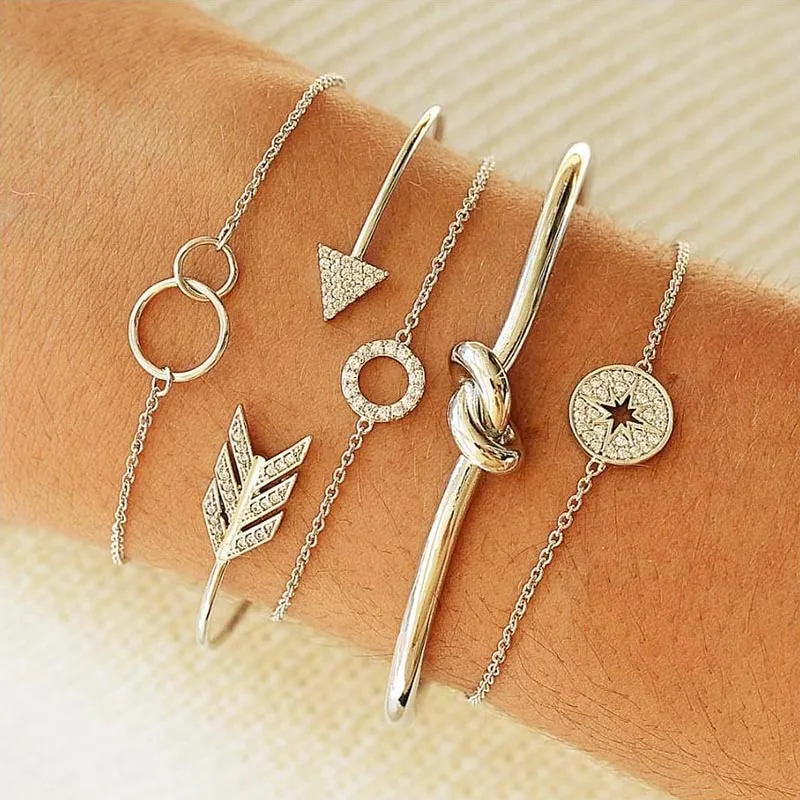 

Tisonliz 5Pcs/Set Round Arrow Knot Crystal Charm Multilayer Bracelets for Women Adjustable Open Bangle Boho Jewelry Wholesale