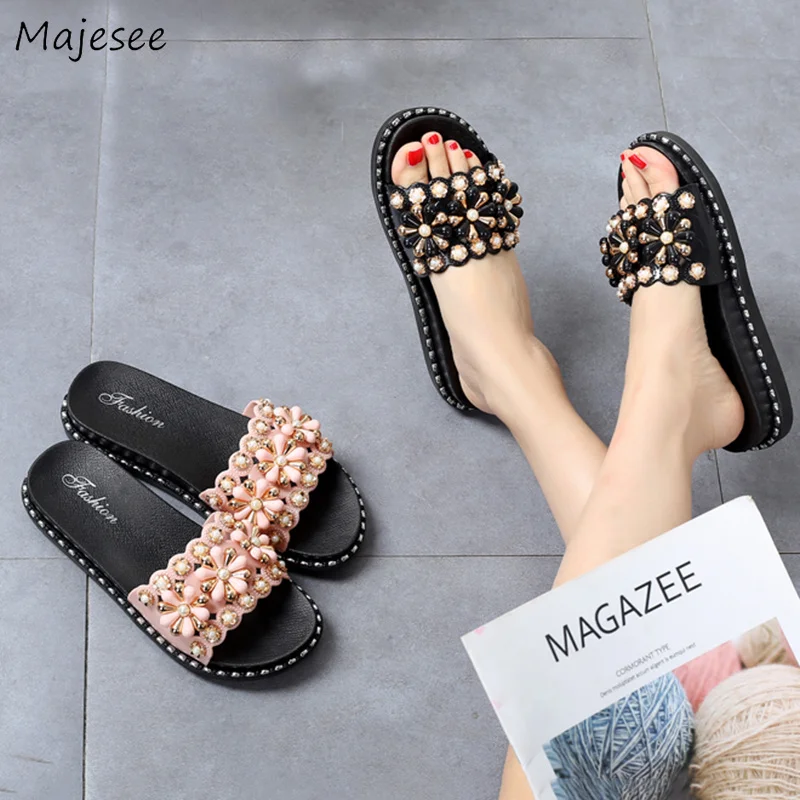 

Summer Slippers Women Trendy Flat with Casual String Bead Outdoor Vacation Womens All-match Elegant Non-slip High Quality Female