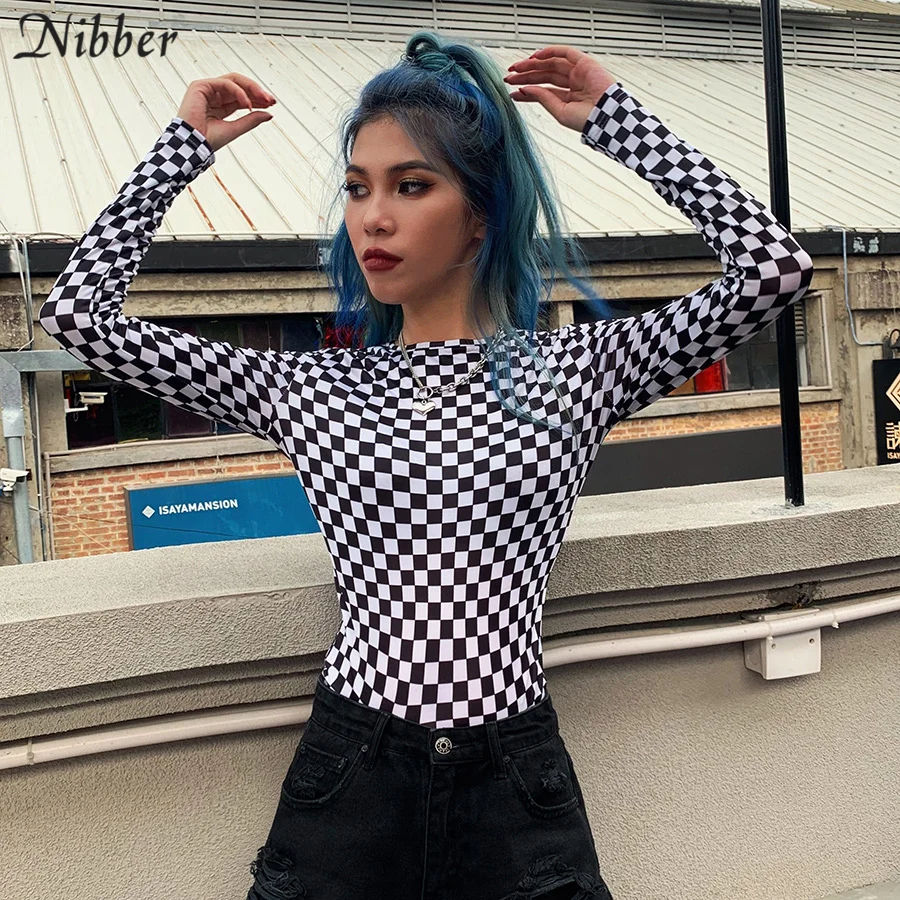 

Nibber summer black white Plaid Ice silk tops Basic T-shirt womens 2019 fashion Street casual wild stretch Slim Soft Tees mujer