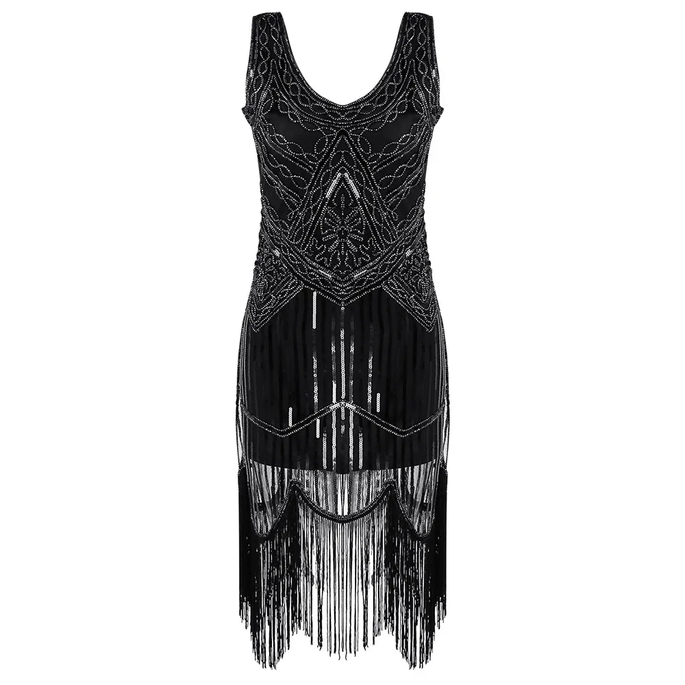 

Gothic Sequined Dresses For Women Patchwork Tassel Black Robe Fashion Asymmetric Party Goth Hot Sale Vestidos