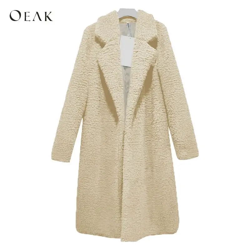 OEAK зимнее утолщенное женское длинное пальто повседневное плюшевое пальто из искусственного меха модное однотонное женское элегантное теплое пальто с открытой передней частью верхняя одежда