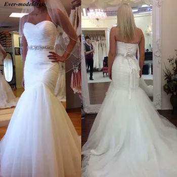 

Real Sweetheart Mermaid Wedding Dresses Beaded Belts Strapless Lace Up Back Sweep Train Bridal Gowns Robe De Mariee Cheap 2019