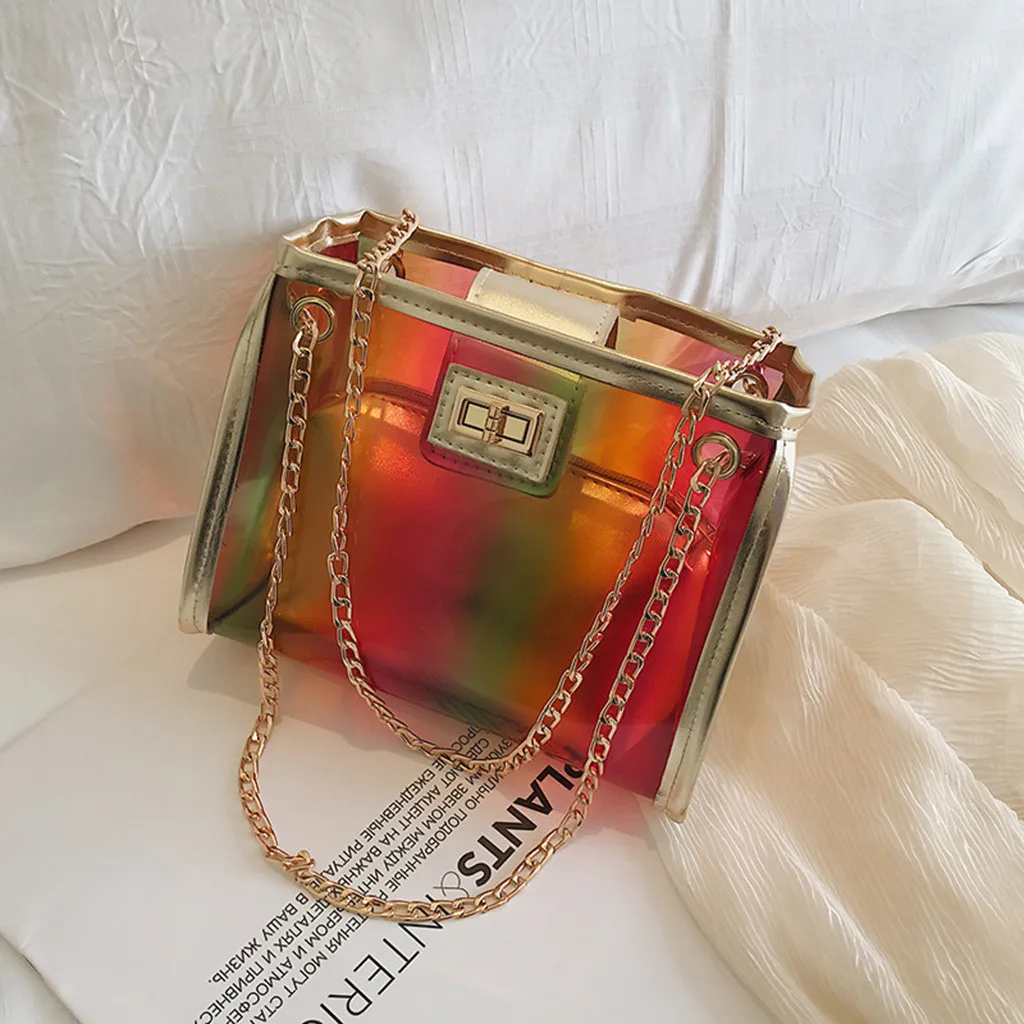 Летняя модная новая сумка высокого качества ПВХ Прозрачная женская сумка голографическая квадратная сумка для телефона сумка на плечо с цепочкой# K20