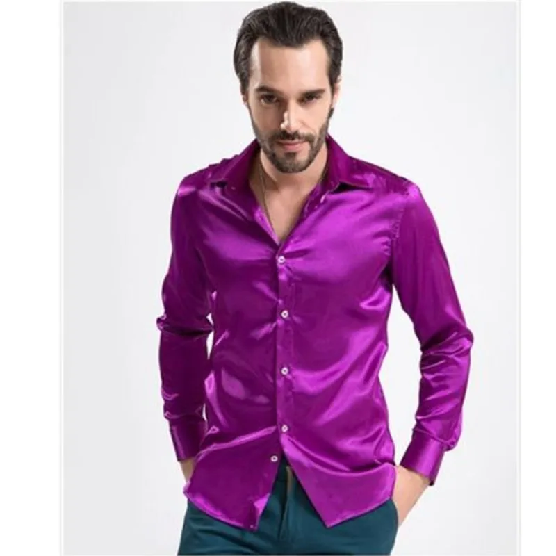 new Men's shirts Fashion Shiny Silky Satin Dress Shirt Luxury Silk Like ...