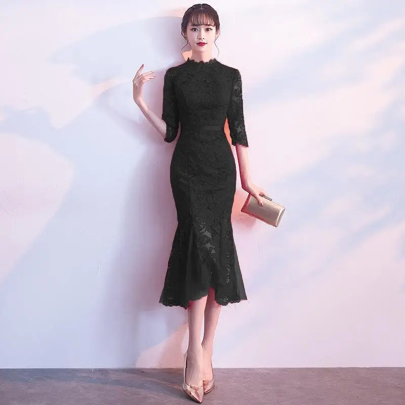 Сексуальное Вечерние Платье длинное Cheongsam женское кружевное тонкое платье свадебное платье роскошное свадебное Qipao модная одежда Vestido - Цвет: Черный