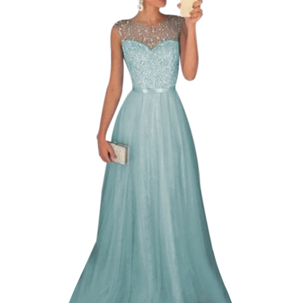 Женское вечернее лоскутное платье без рукавов с блестками и круглым вырезом Макси платье с высокой талией женское длинное платье Vestidos летнее платье Femme - Цвет: blue