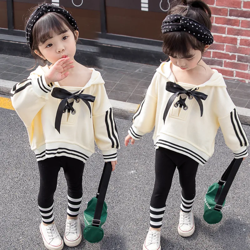  2019 Spring Autumn New Kids Girls Baby Long Sleeves Bow Ties Hoodies + Pants Pure Cotton Fashion Ba