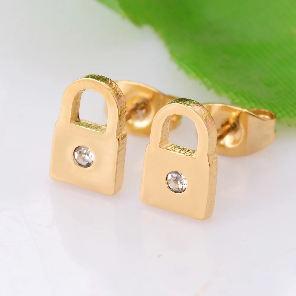 Gold Color Lock Earring Stainless Steel With Crystal Women Stud Earring