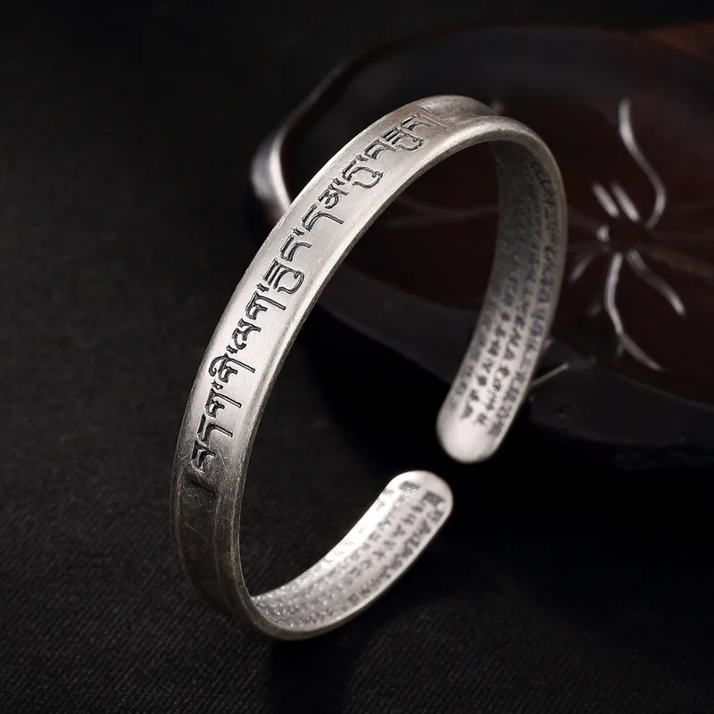 

S999 Pure Silver Six-Word Mantra Sterling Silver Retro Opening Female Bracelet Buddhist Scripture Bracelet Ladies Jewelry
