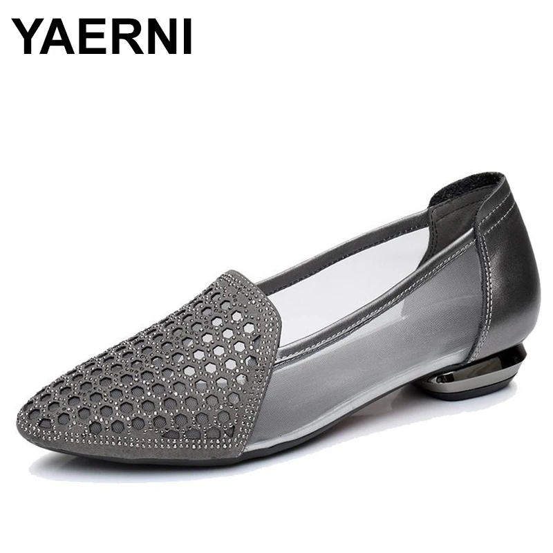 

YAERNI Flats Woman 2018 New Arrival Rhinestone Pointed toe Gauze Women Shoes Genuine Leather Comfortable Flat Shoes Size 34-42