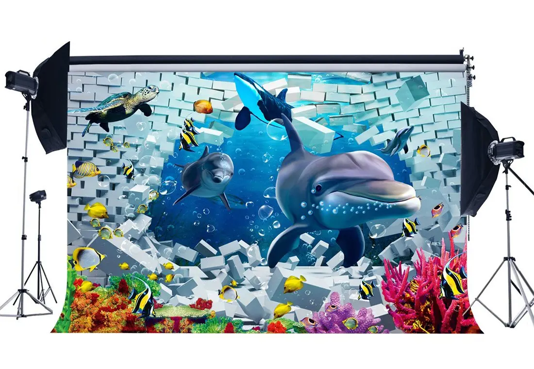 3D Backdrop Underwater World Backdrops Fish Dolphin Turtle Coral Bubble Crash Brick Wall Photography Background | Электроника