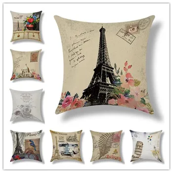 

Vintage European Style Cushion Home Sofa Car Throw Pillows Oil painting in Paris Linen Cotton Funda Cojines Cushion Cover