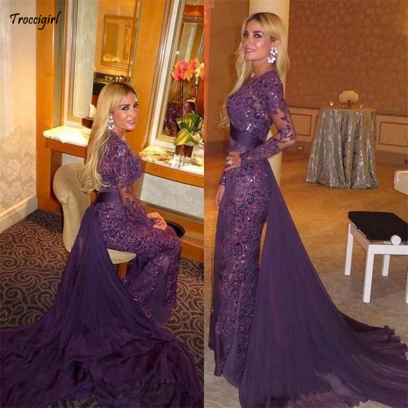 

Purple Full Lace Beads Long Sleeves Evening Dresses Arabic Muslim Evening Gowns with Detachable Train Sheer Long Prom Dress