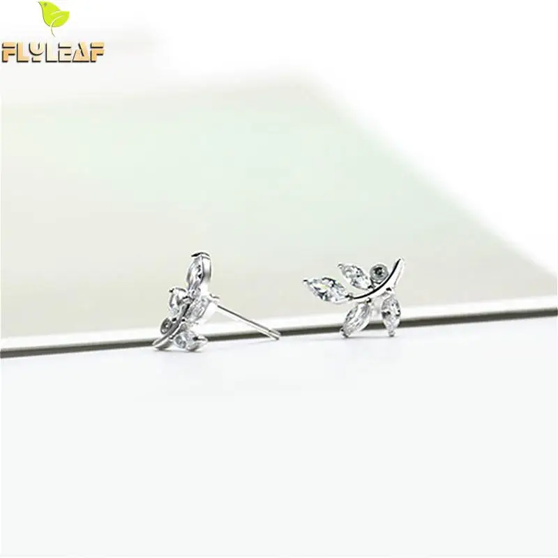 

Flyleaf 100% 925 Sterling Silver Tree Leaves Cubic Zirconia Stud Earrings For Women Fashion Party Jewelry