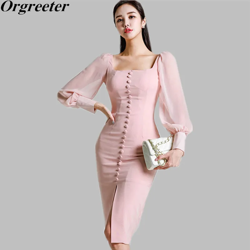

Korean New Single-breasted Square Collar Puff sleeve Sexy Slim Bodycon Women Pencil Dress 2018 Fall Split Elegant Chiffon Dress