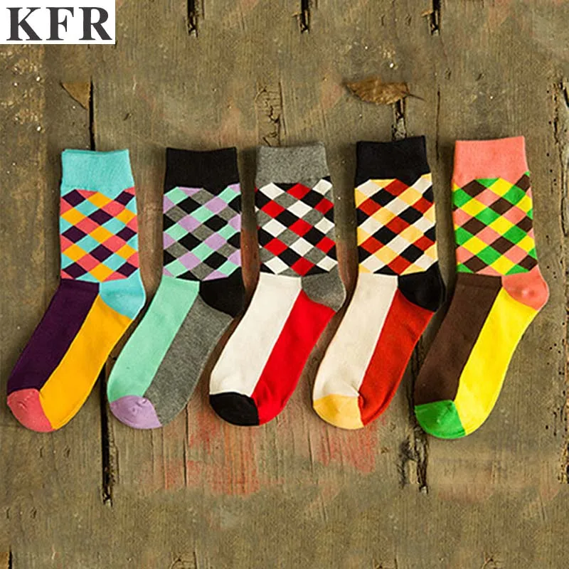 

Business Fashion Multi lattice men Happy Socks Funny Socks Woman Cotton Hip Hop Art Street Crew Harajuku Short Socks