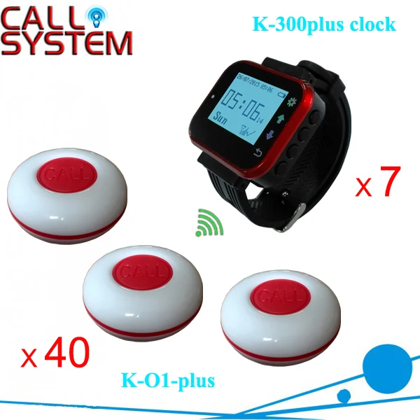

Hot sale Watch caller button service 7 wrist clock with 40 table buzzer for guest 433.92mhz