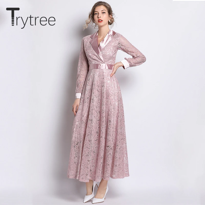 Осеннее Элегантное повседневное розовое платье Trytree женские платья из
