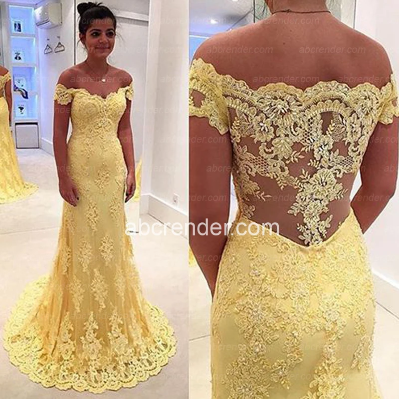 

Yellow Full Lace Mermaid Prom Off Shoulder See Through Back Sweep Train Evening Gowns Formal Party Dress Arabic Vestidos