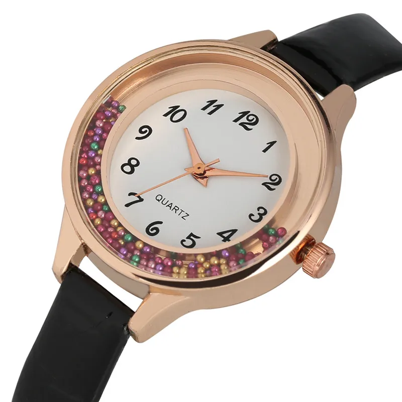 

Timekeeper Exquisite Quartz Watch Movement for Women Graceful Dial with Quicksand Balls Watches Elegant Leather Band Wrist Watch