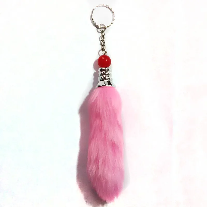 Colorful Fake fur Pompom Tail Design Silver key chains Car Key Ring Bag