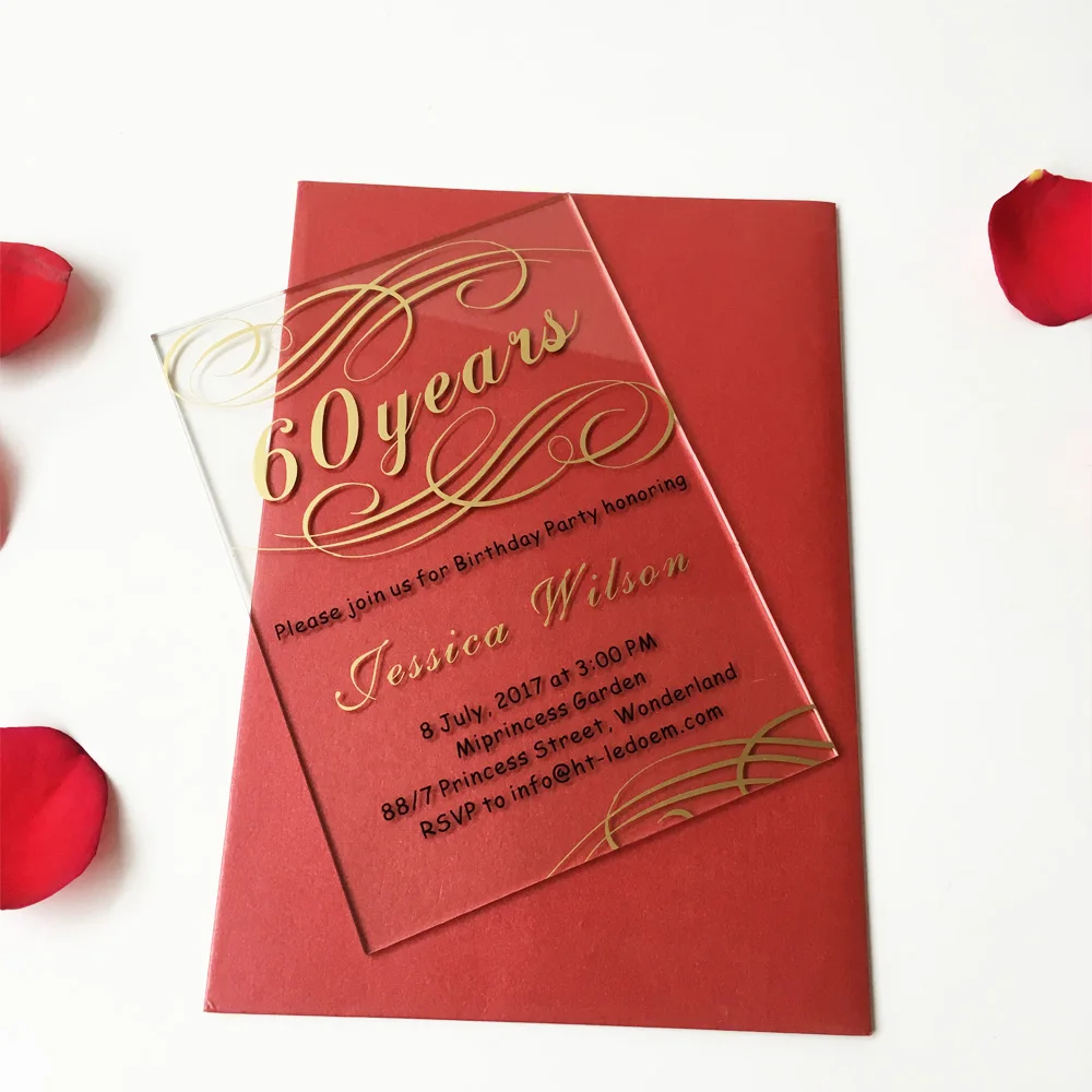  Customized 100pcs per lot 5x7inch Clear acrylic 60th birthday invitation card - 32797756667
