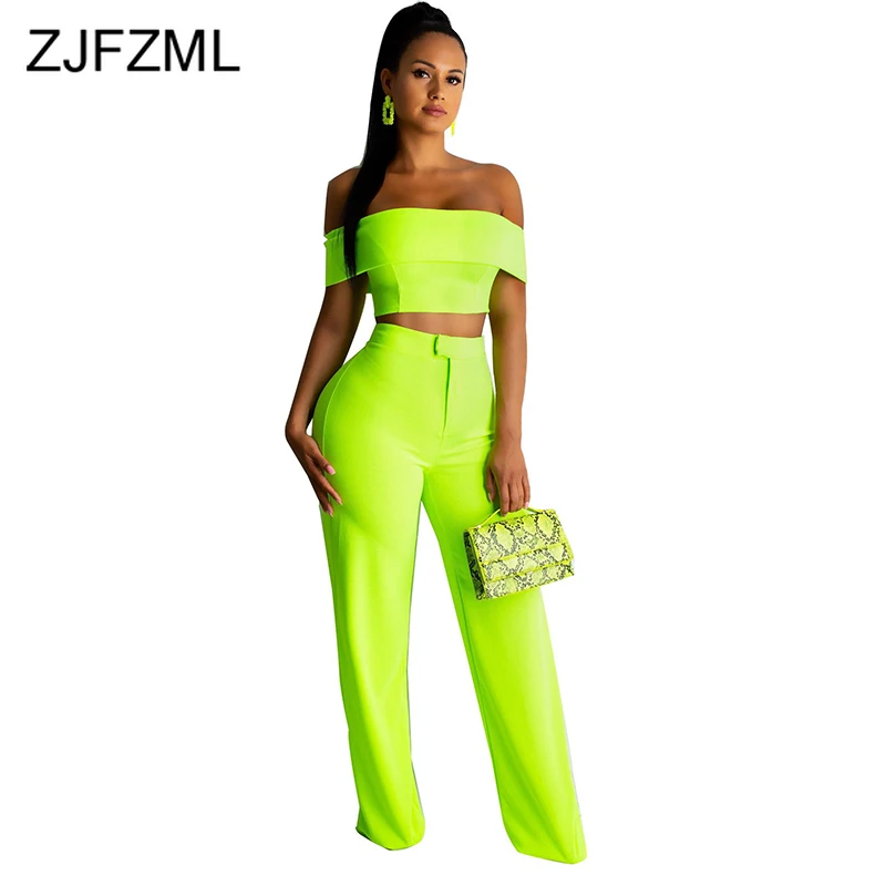 

Sexy Neon Green Summer Outfits for Women Off Shoulder Backless Bodycon Crop Top + High Waist Wide Leg Pants Women Clothing Sets