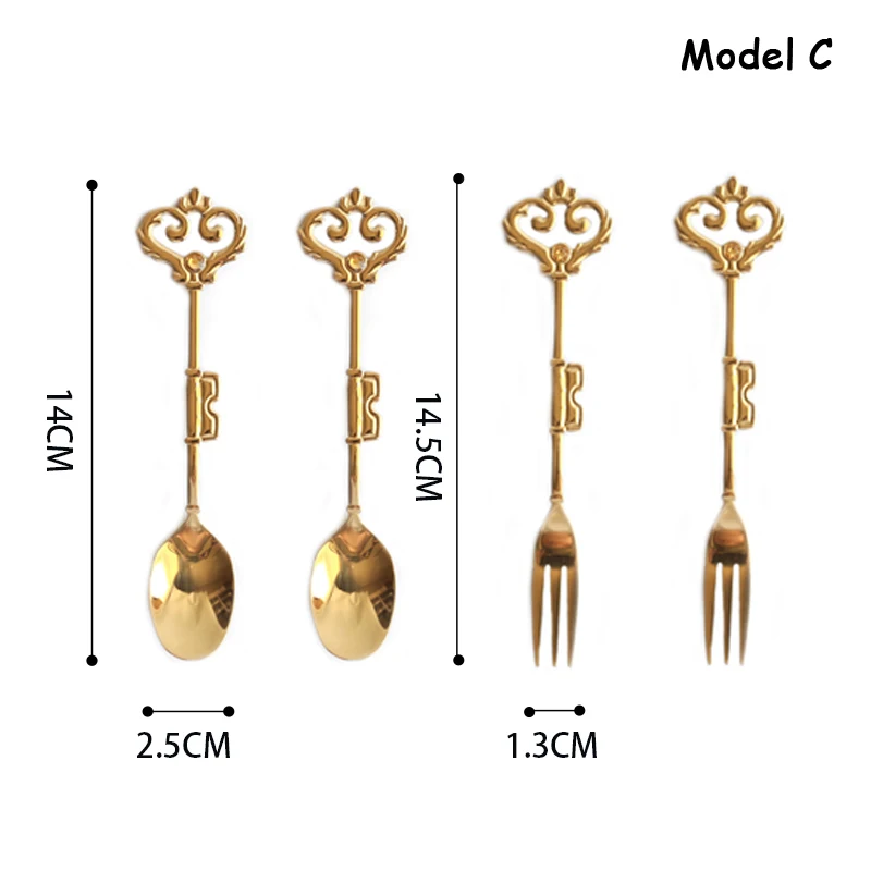 Европейская Корона, кофейные ложки, Десертные Вилки, золотые столовые приборы Vintange, послеобеденные ложки для чая, фруктовые вилки, столовые приборы, рождественский подарок, 4 шт - Цвет: Model C