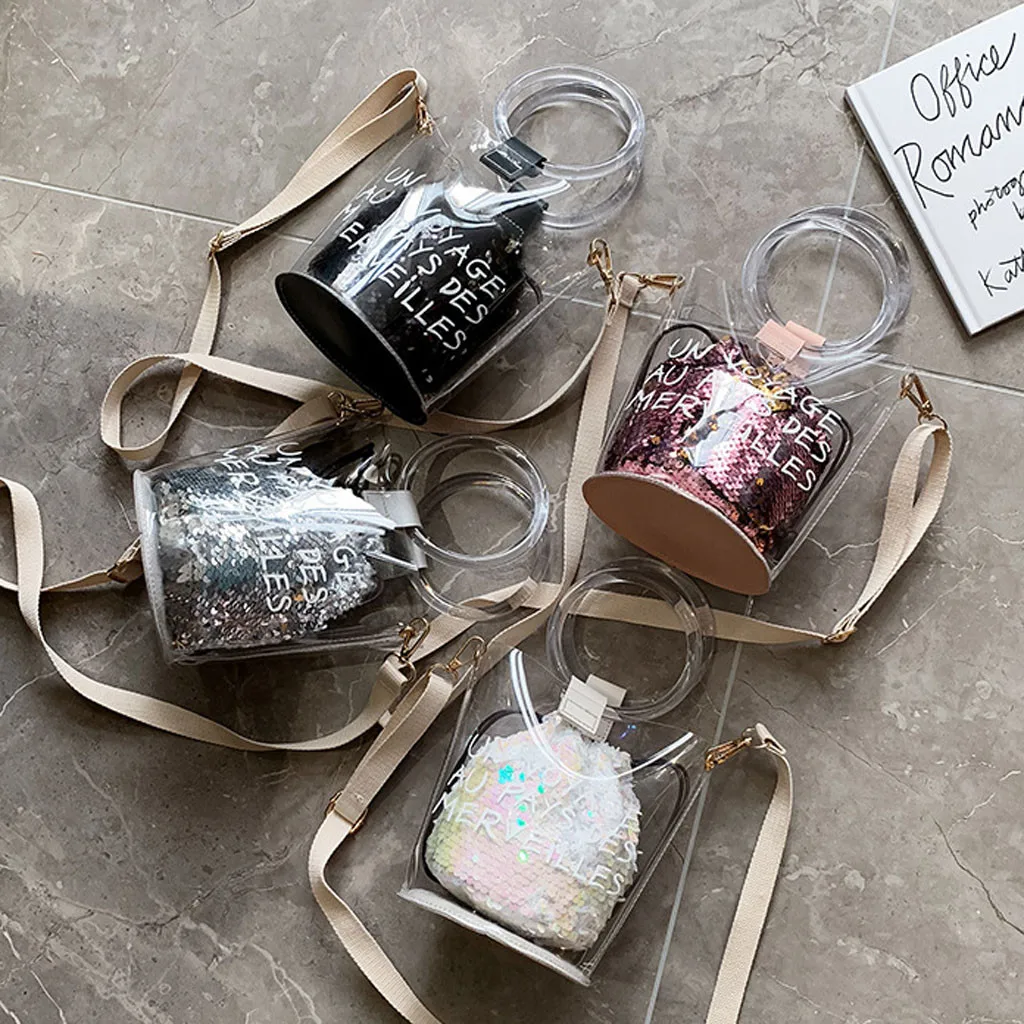 

Girl transparent sequin diagonal bucket bag Leather Crossbody Bags Women Travel Shoulder Bag Button Bucket Bag bolsa feminina5H