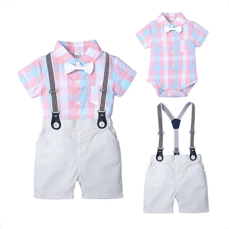 Summer Boys Suit formal Dress outfit Tie shirt romper Short Sleeve Uniform bib Shorts 4pcs toddler boys clothing set |