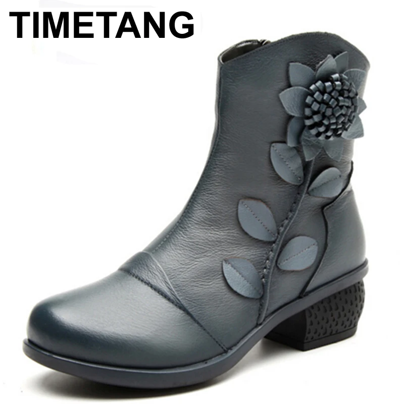 

TIMETANG New Women's Fashion Winter Warm Genuine Leather Boots Women Oblique Zipper Floral Boots for Women Red Black Blue