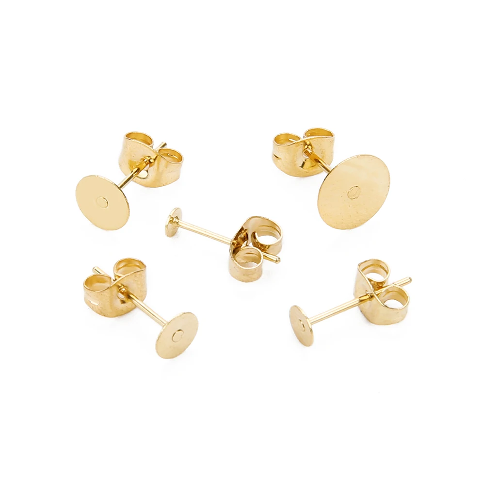 50pcs/lot Surgical Stainless Steel Earring Posts Back with 3 4 5 6 8 10 12mm Glud on Flat Pad Bezel Earring Studs DIY Jewelry