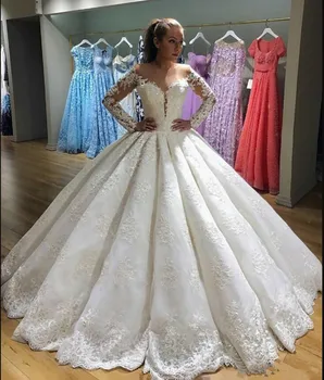 

Fabulous Bridalo Gowns with Lace Appliques Crystals Sheer Neck Long Sleeves Button Back Arabic Dubai Ball Gown For Wedding Pleat