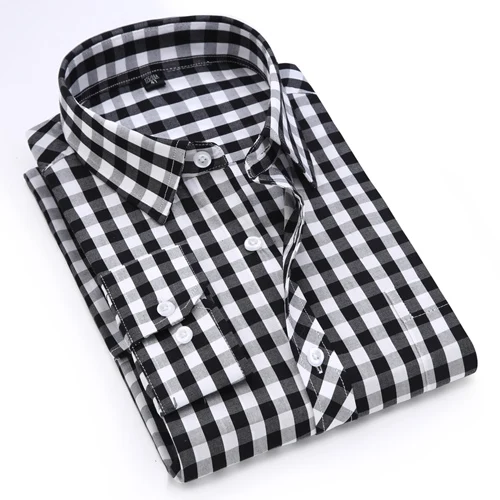 Мужская повседневная стандартная клетчатая рубашка с длинным рукавом, с одним карманом на левой груди, удобная хлопковая тонкая рубашка - Цвет: 8500-1